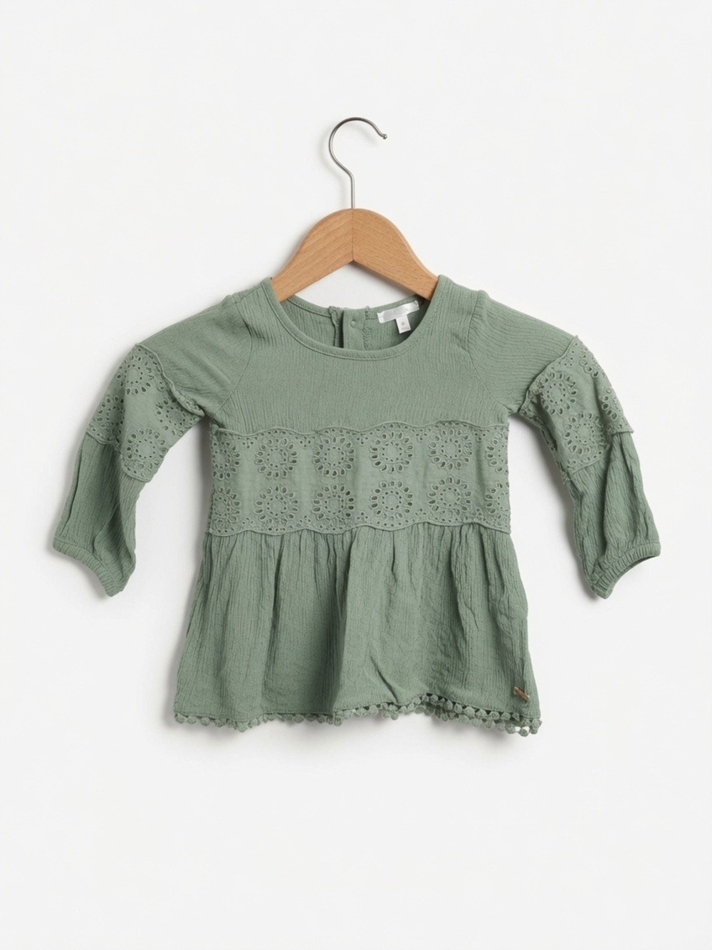 Tahari Sage Green Eyelet Long-Sleeve Peplum Top